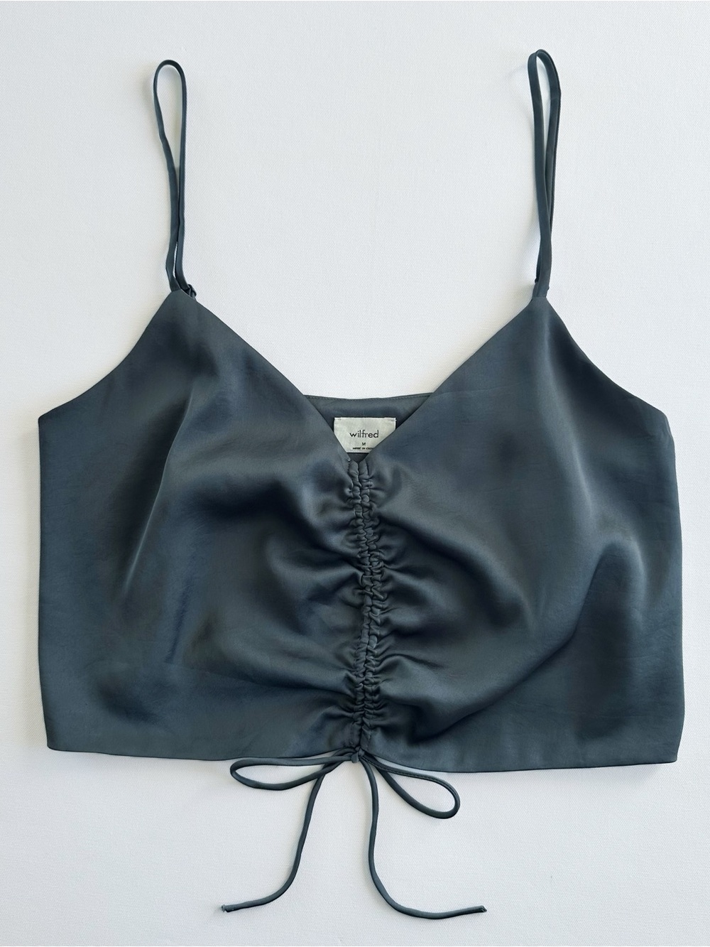 Aritizia Wilfred Verso Camisole Gray Satin Ruche Tie Crop Top V Neck Going Out